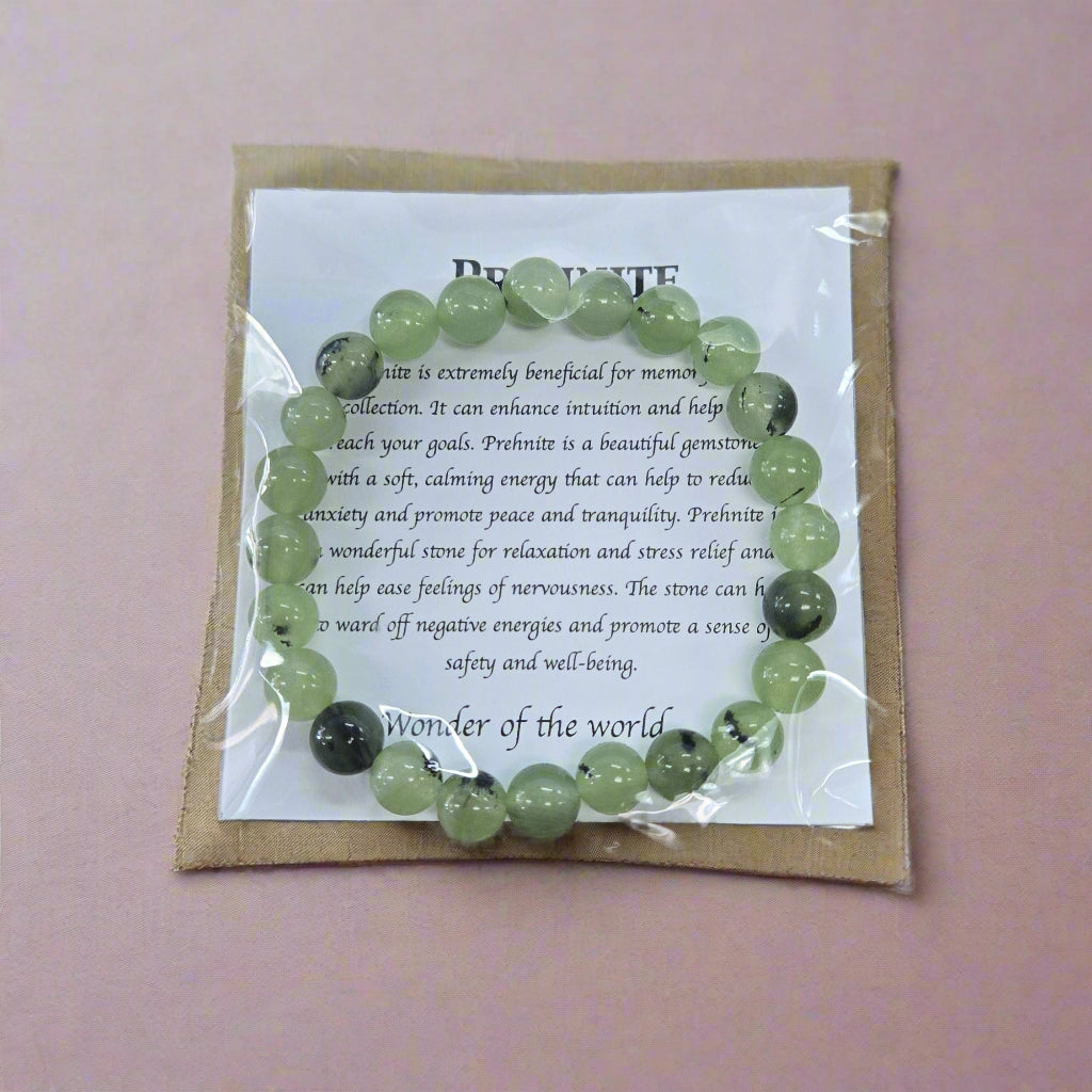 8mm Round Natural Prehnite Bracelet - With Elastic Inner Band