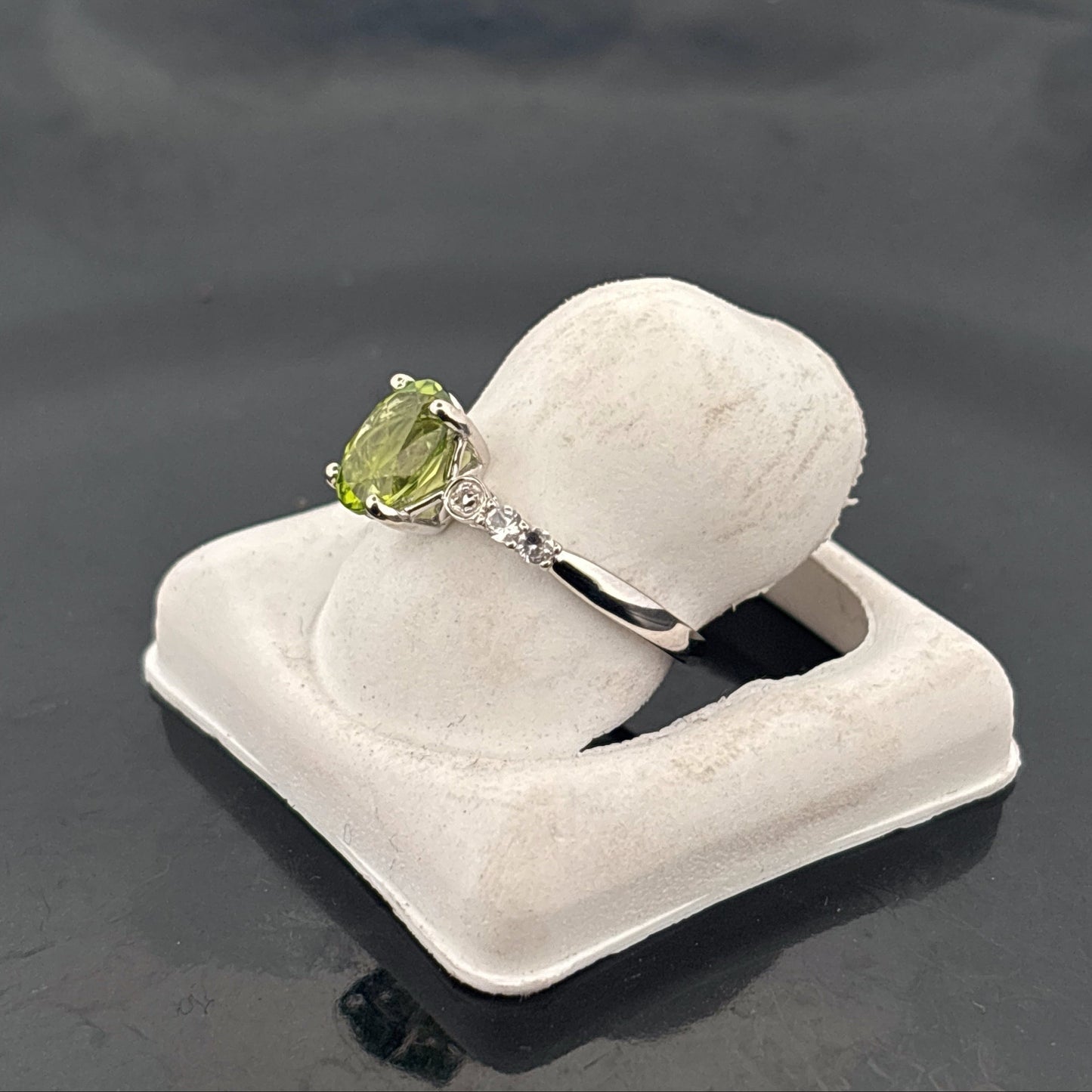 10K Natural Peridot Ring with CZ Side Stones, 7x5mm, 0.8ct, Afghanistan