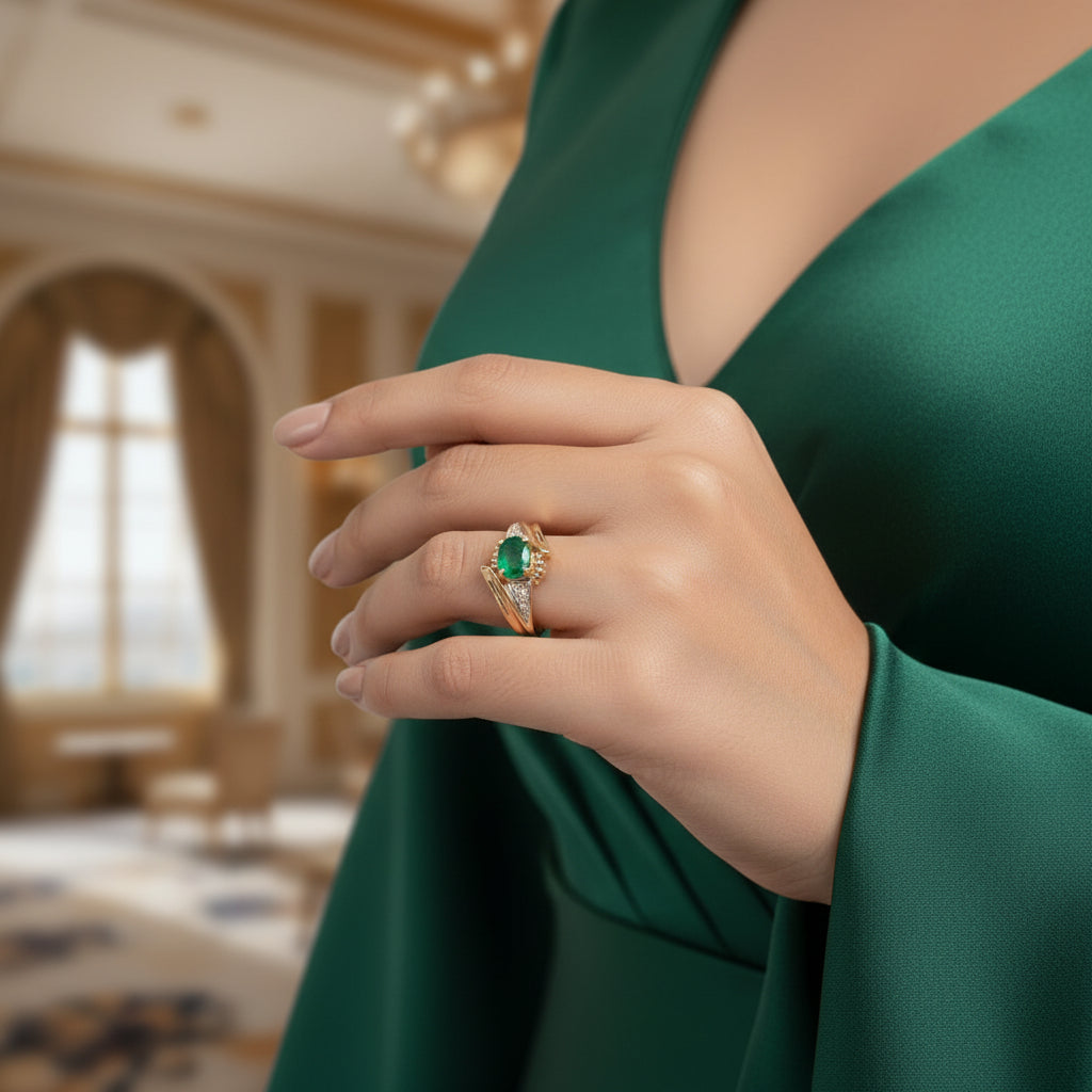 10K Natural Emerald, 7x5mm, & Diamond Melee - 3.27gr