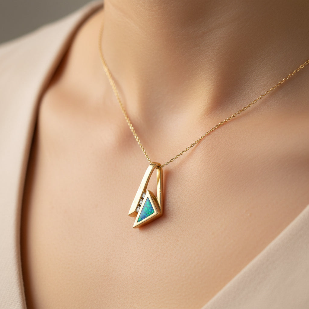 14k Australian Opal & Diamond Pendant, Hand Made, 3.18gr