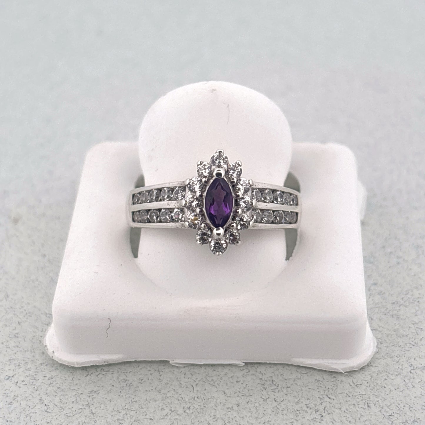 Natural Brazillian Amethyst & Diamond 925 Ring, size 6 3/4