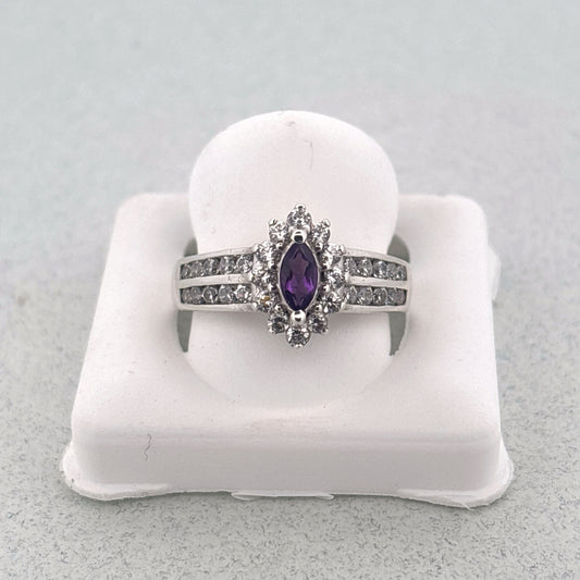 Natural Brazillian Amethyst & Diamond 925 Ring, size 6 3/4