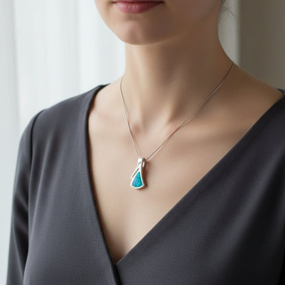 14k White Gold Boulder Opal & Diamond Pendant, Hand Cut