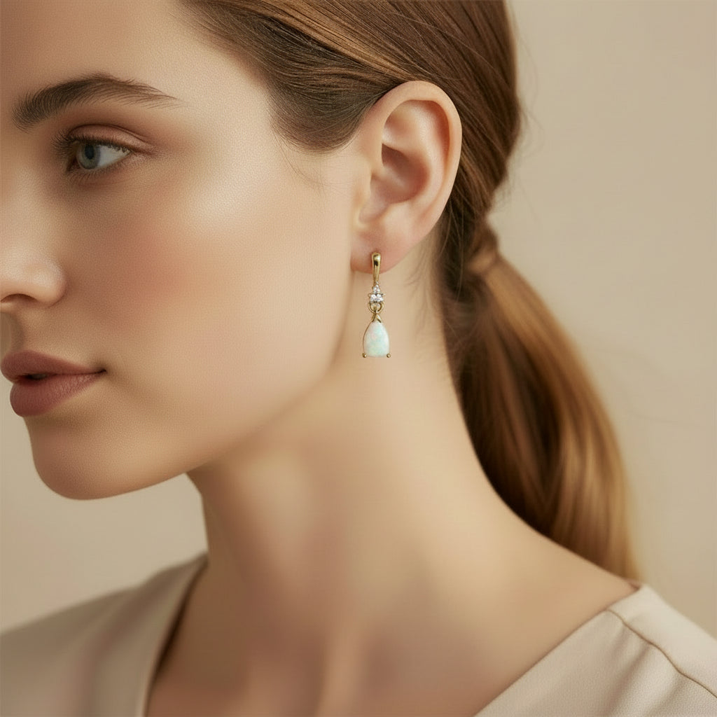 10K Opal & Diamond Dangle Earrings, 1.57gr