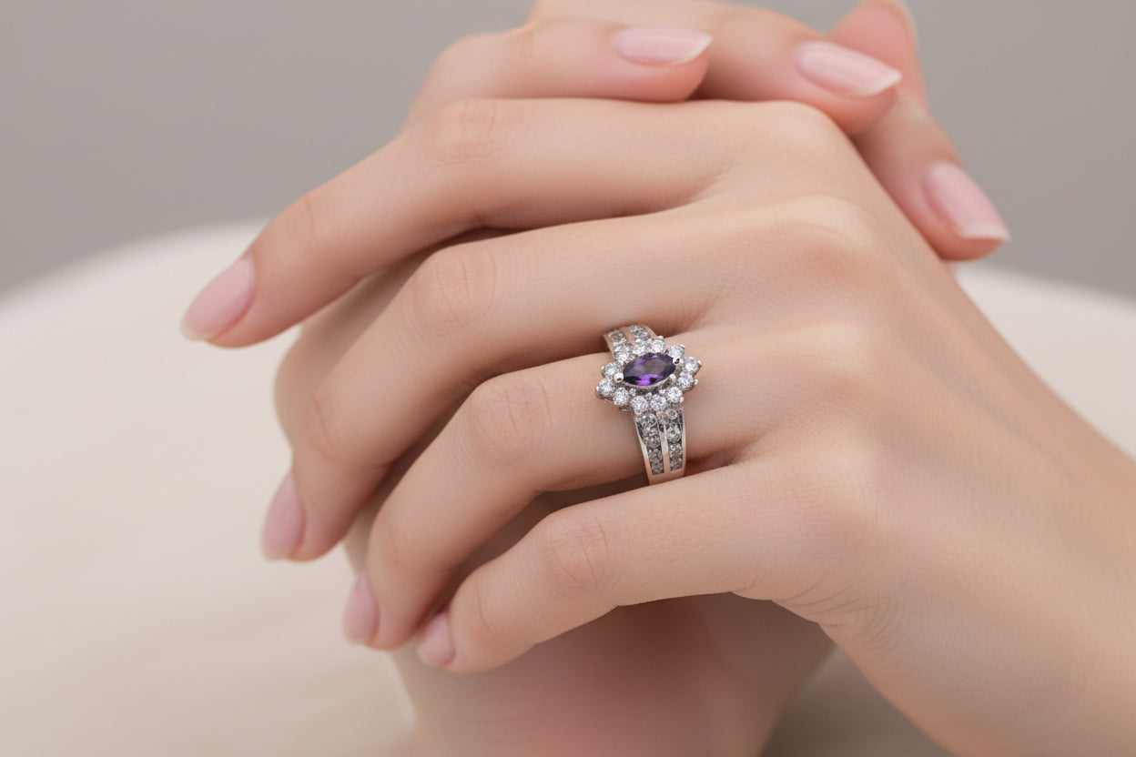 Natural Brazillian Amethyst & Diamond 925 Ring, size 6 3/4