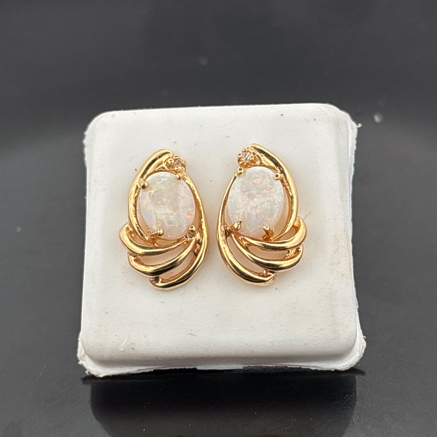 14k Opal & Diamond Earrings, 9x7mm, 0.02cttw, 3.37gr