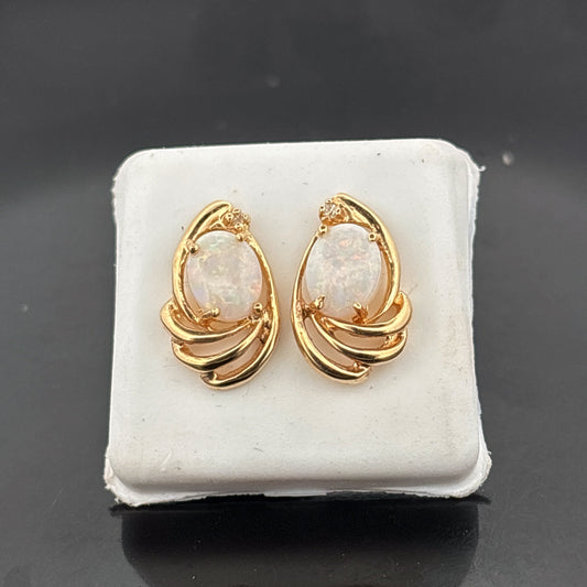 14k Opal & Diamond Earrings, 9x7mm, 0.02cttw, 3.37gr
