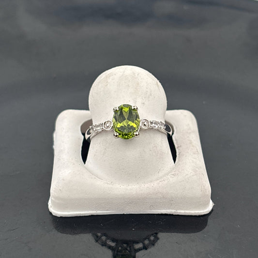 10K Natural Peridot Ring with CZ Side Stones, 7x5mm, 0.8ct, Afghanistan