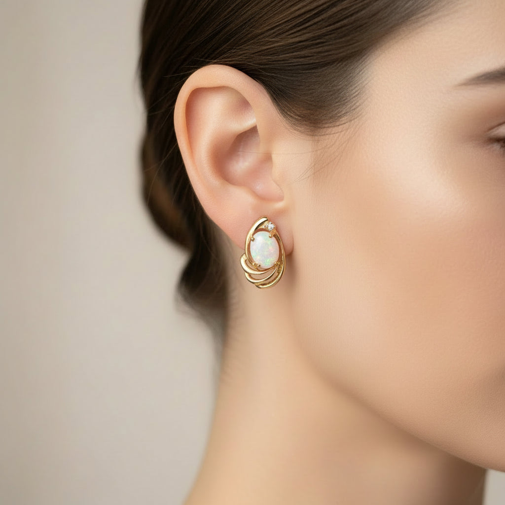 14k Opal & Diamond Earrings, 9x7mm, 0.02cttw, 3.37gr