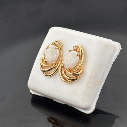 14k Opal & Diamond Earrings, 9x7mm, 0.02cttw, 3.37gr